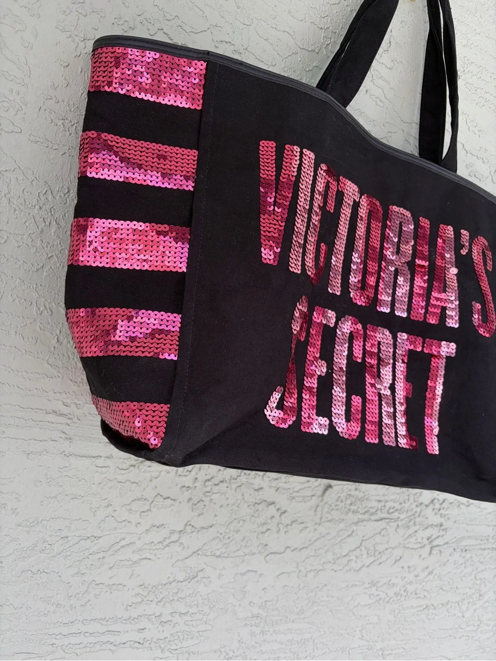 Victoria's Secret Black Tote with Pink Sequin Logo and Stripes